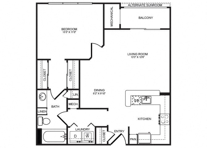 Floor plan for 1 bed, 1 bath, 743 sqft
